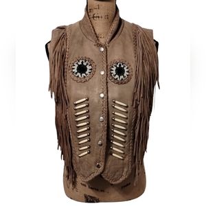 Hot Leathers Vintage Native American Style Leather Fringe Vest Size L